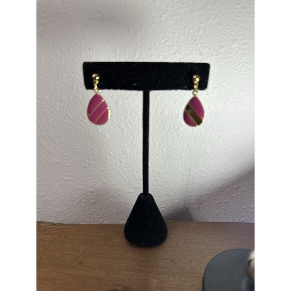 Vintage Hot Pink Enamel & Gold Tone 1" Oval Pierced Earrings - Picture 2 of 6